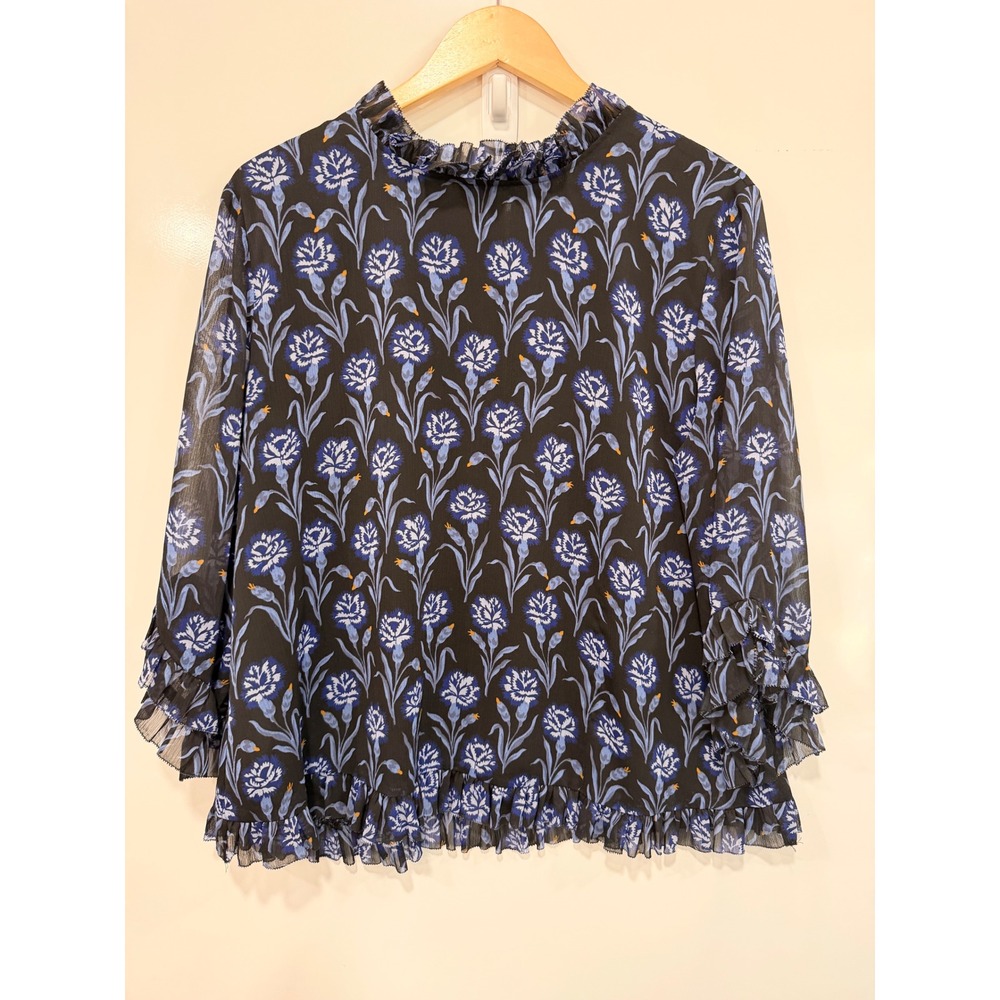 Ann Taylor Factory Floral Ruffle Blouse XL Black Blue Chiffon Tiered Sleeve Top